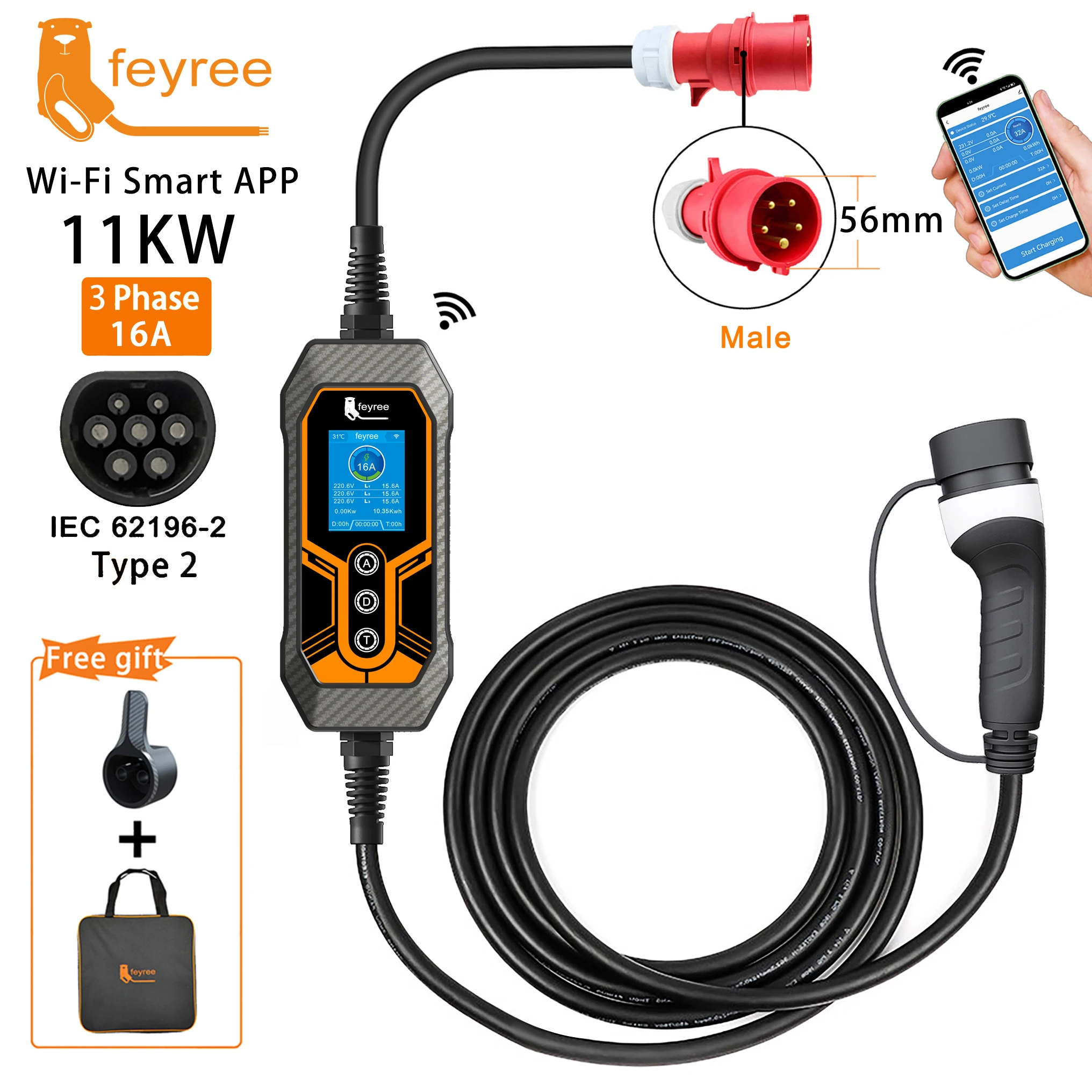 Feyree typ 2 przenośny ładowarka EV 11KW 16A 3 fazy Wi-Fi APP Bluetooth wersja EVSE kabel do ładowania 5m wtyczka CEE do samochodu elektrycznego