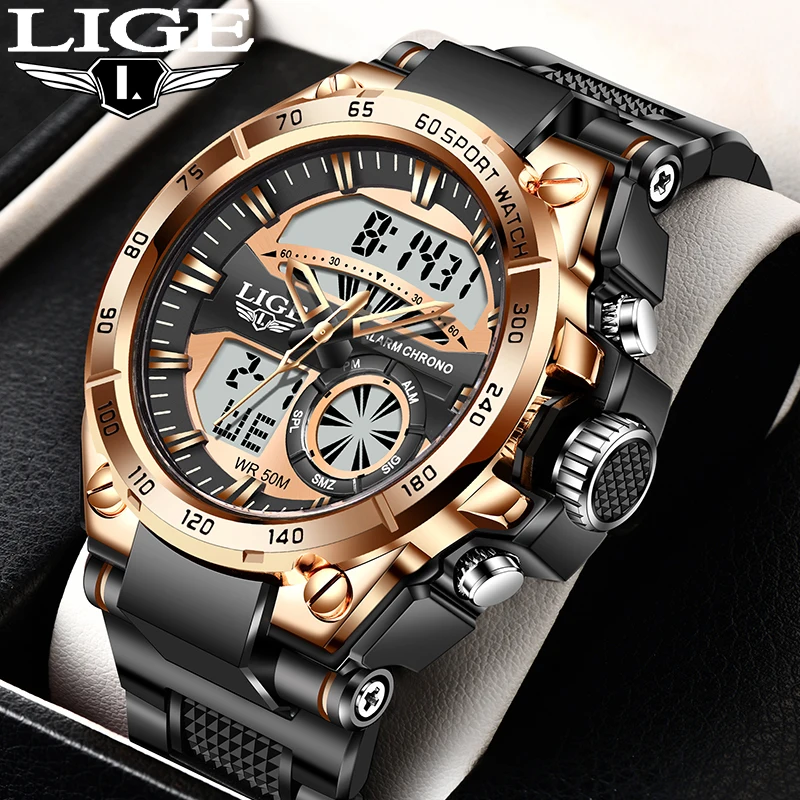 LIGE Top Luxury Brand Men Watch Outdoor Sports Waterproof Watches Dual Time Display Quartz Wristwatches Silica Gel Digital Clock winter cycling gloves men winter silica gel non slip touchscreen driving mitten wind waterproof glove women outdoor accessories