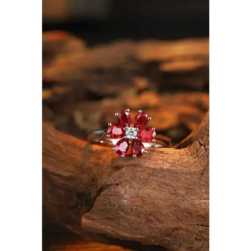 

RUIF New Luxury Flowers Shape 925 Silver 1.46ct Lab Grown Ruby Simulated Diamond Ring for Women Couple Daily Office Jewelry