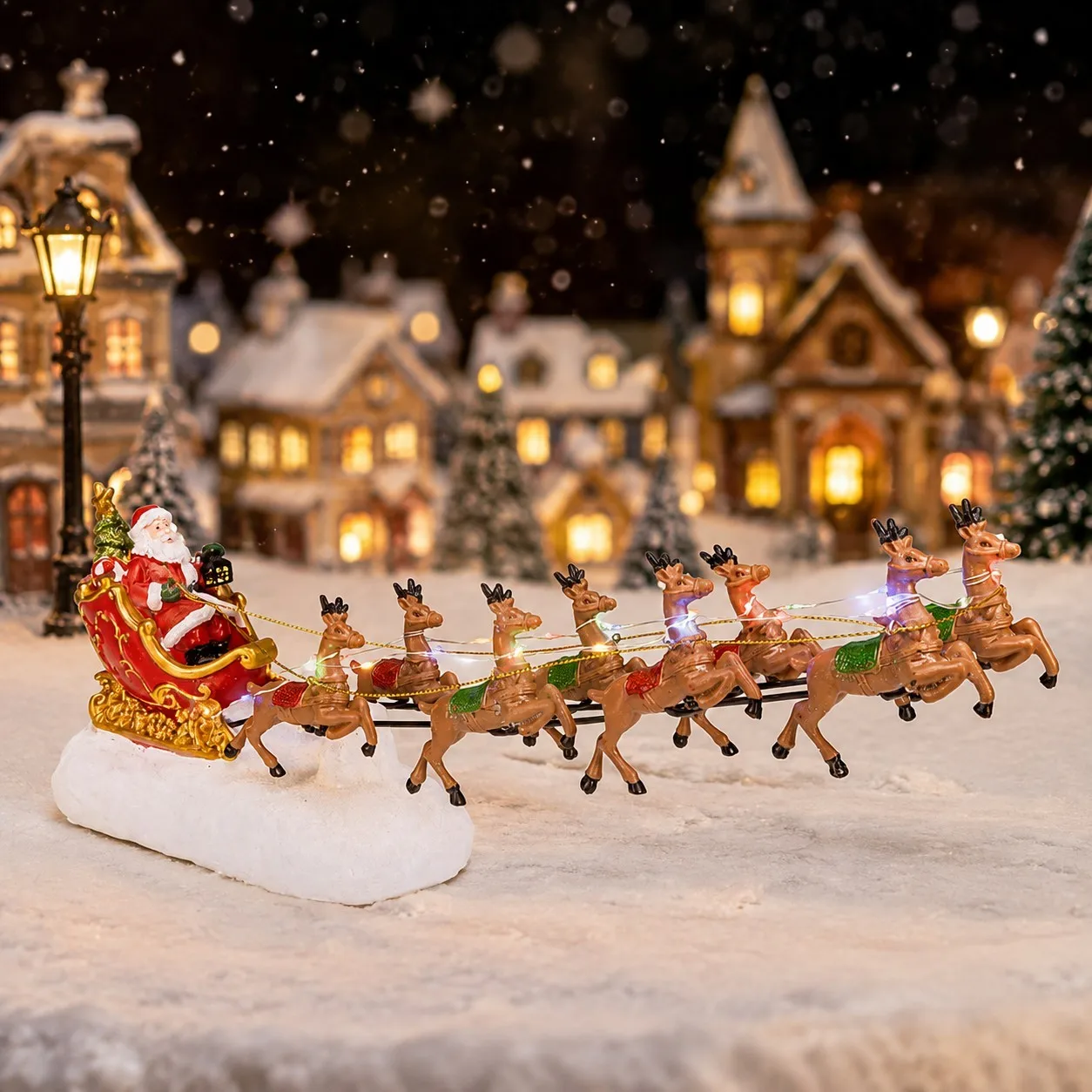Weihnachtsmann-Schlitten und Rentier, LED-Licht, Weihnachtsdorf-Dekoration, Zubehör, beleuchtete Figuren für Ferienhaus, Innenornamente