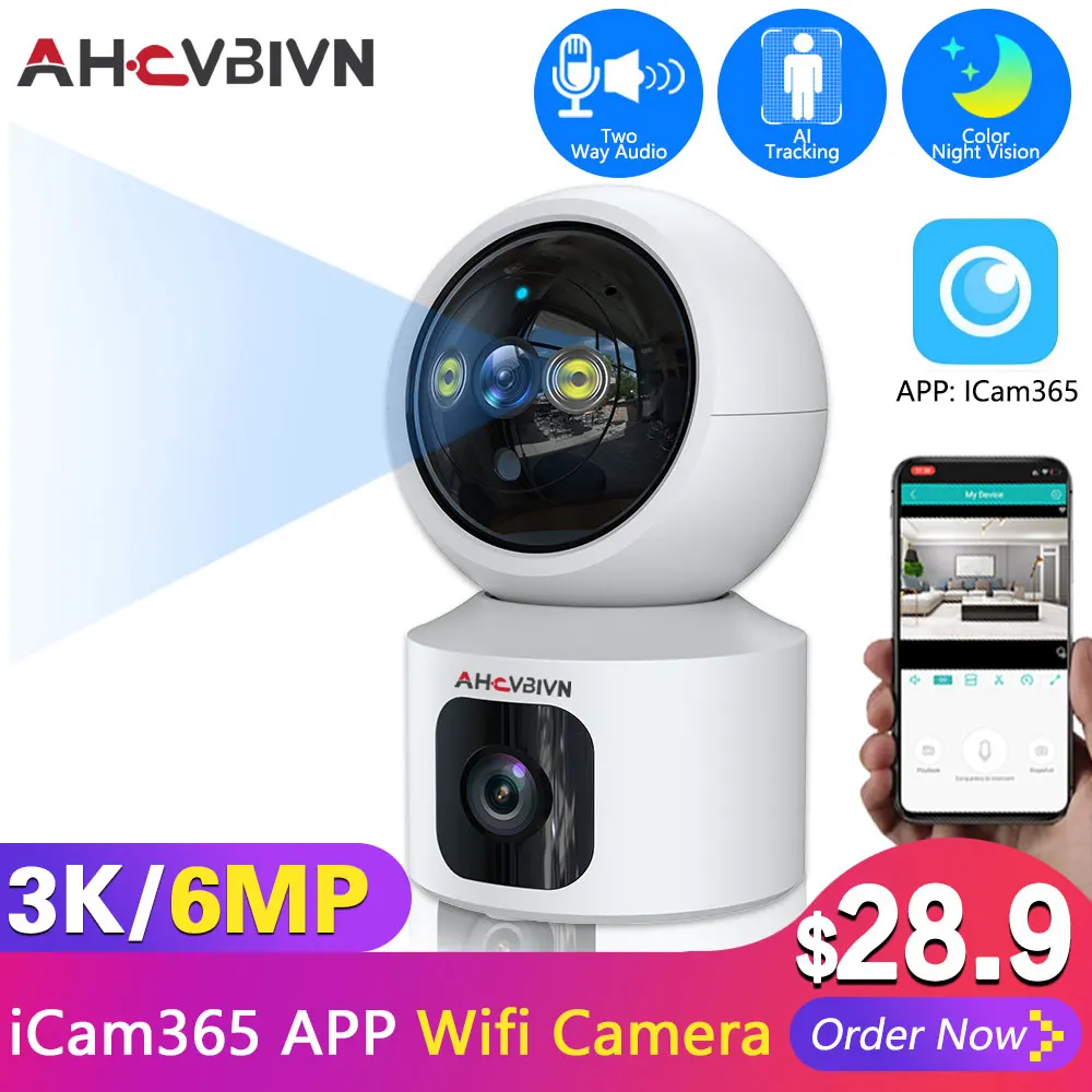 

6MP Dual-Lens MINI Baby Monitor PTZ Wifi Camera Indoor Auto Tracking 2Way Audio CCTV Home Security Video Pan Tilt Dome iCam365