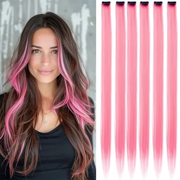 Colored Clip in Hair Extensions 22 Inch Straight Syntactic Pink Color Hairpiece Rainbow Party Highlights for Women Girls Kids