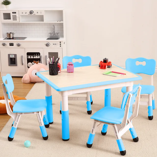 19698-add760.jpg Kids Table and Chairs Set, Height Adjustable Desk With 4 Seats Max 300lbs, Children Multi-Activity Table for Classrooms,Daycares