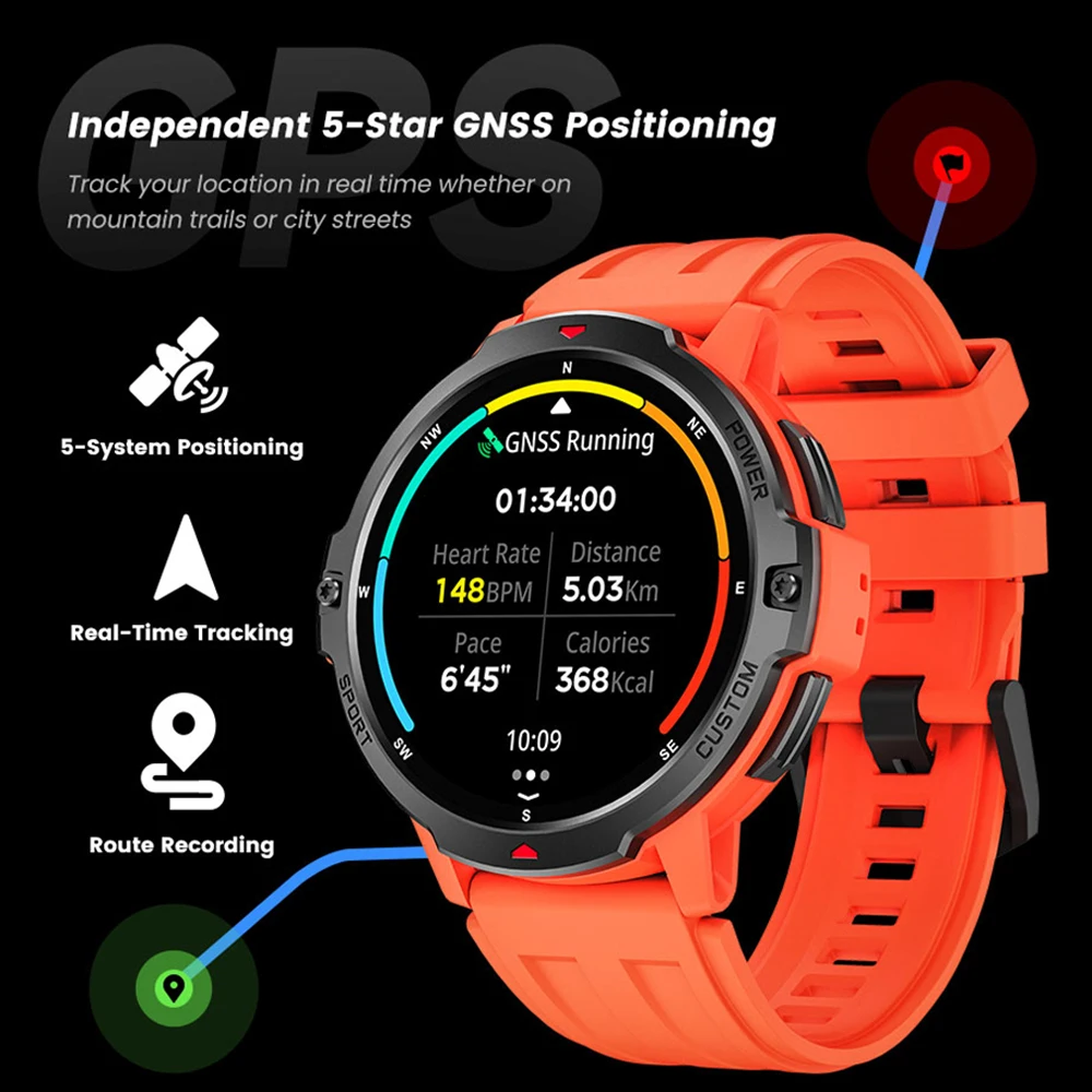 T-Rex 3 Military Outdoor GPS Positioning Smart Watch Men's 24 Hour Sports Health Compass Altimeter 5ATM Waterproof Smartwatch