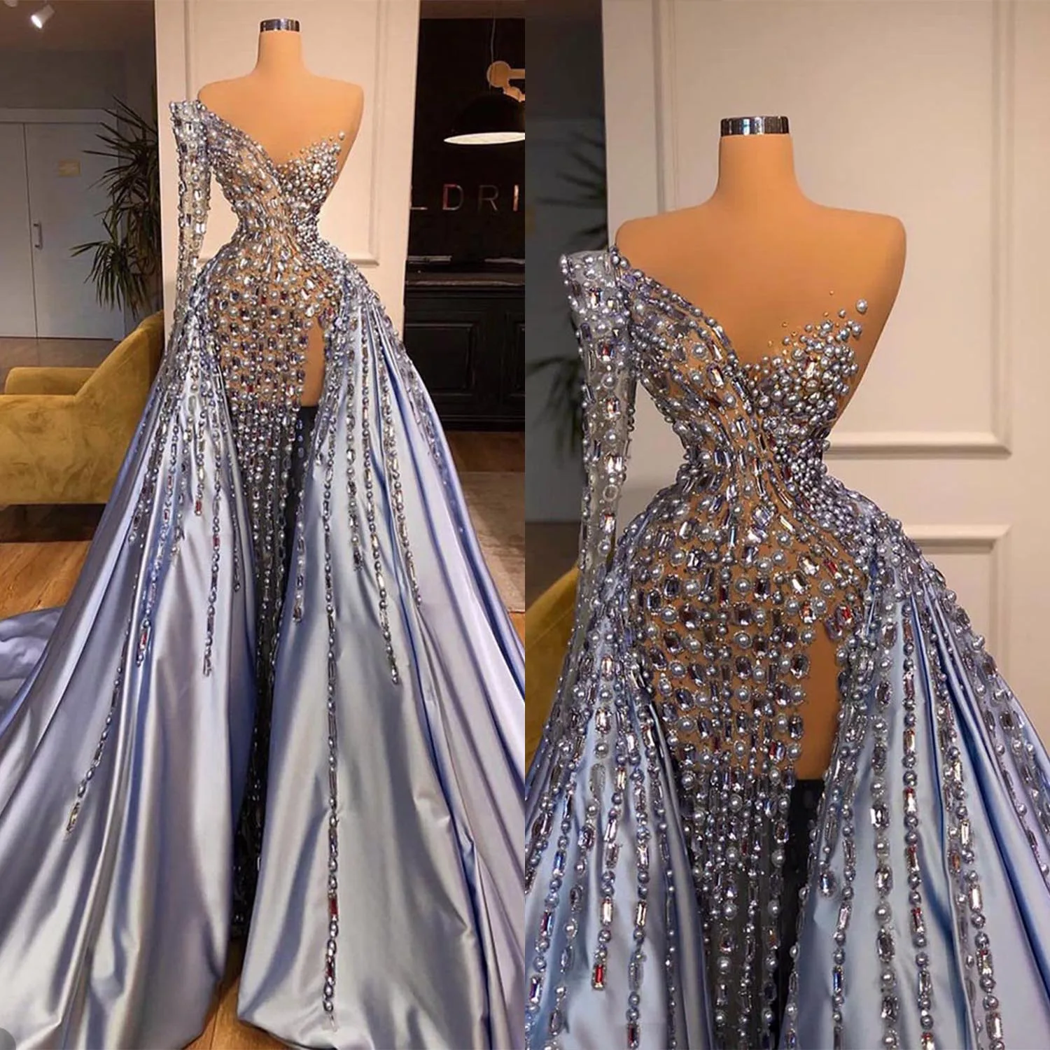 

Gorgeous Crystal Mermaid Prom Dress One Shoulder Beading Side Split Satin Train Formal Evening Gowns Robe De Soiree