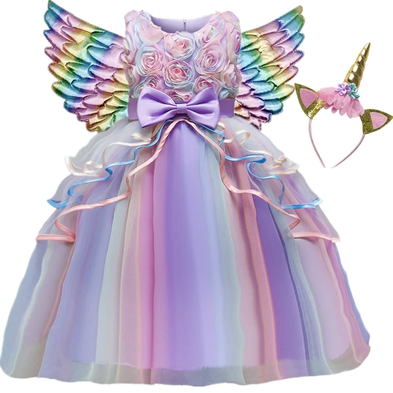 Girls Kids Unicorn Cosplay Dress For Children Rainbow Sleeveless Wedding and Birthday Party Princess Costume Evening Formal Gown girls dress princess costume kids clothes