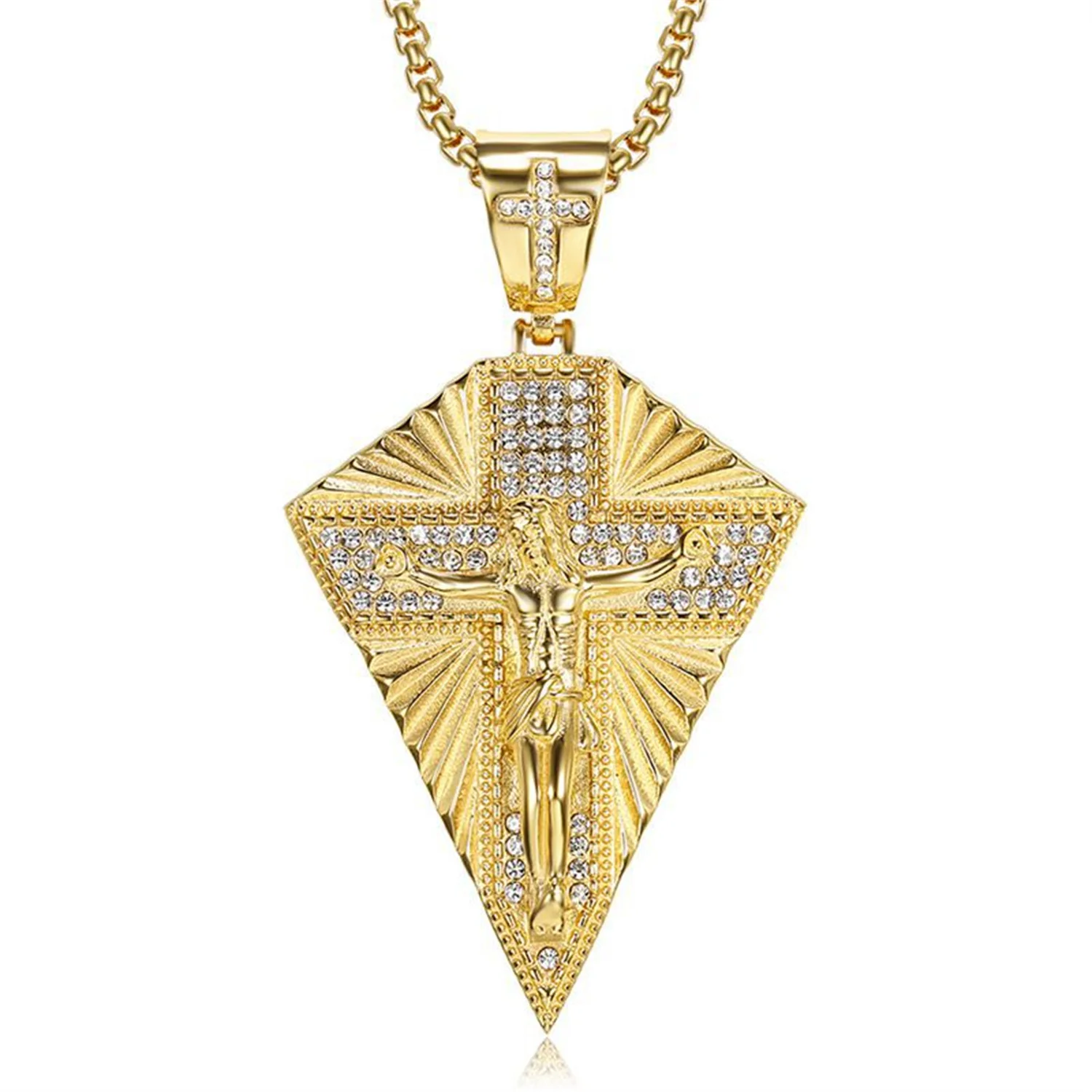 

Hiphop Iced Out Jesus Cross Pendant Dropshipping Gold Color Stainless Steel Big Crucifix Necklace for Men Religious Jewelry Gift