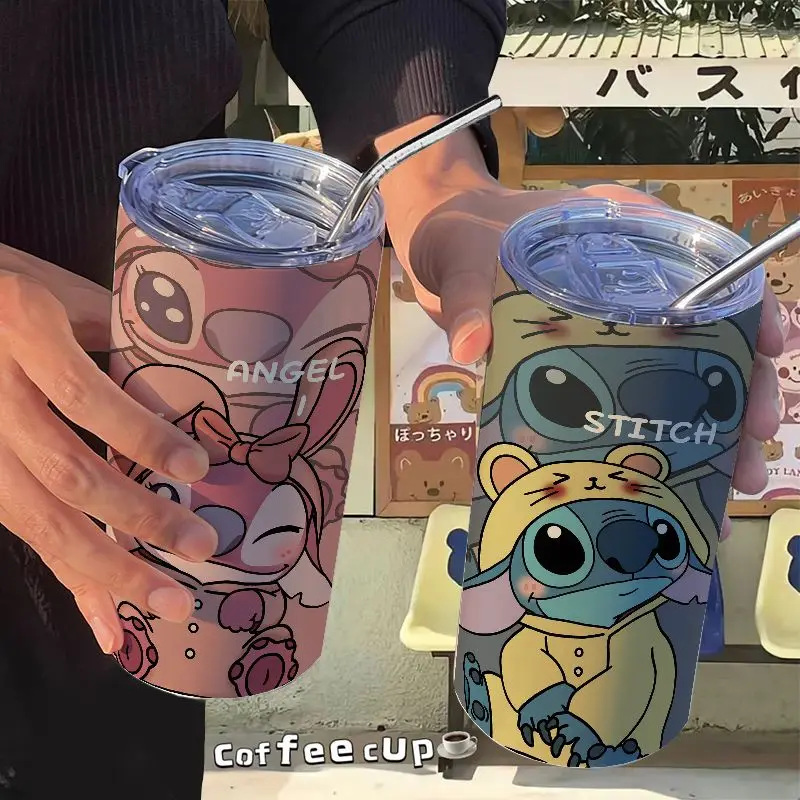 

420Ml Disney Lilo Stitch Angel Stainless Steel Coffee Cup Cartoon Cute Couple Handy Thermos Mug Cup Anime Vacuum Flasks Thermose