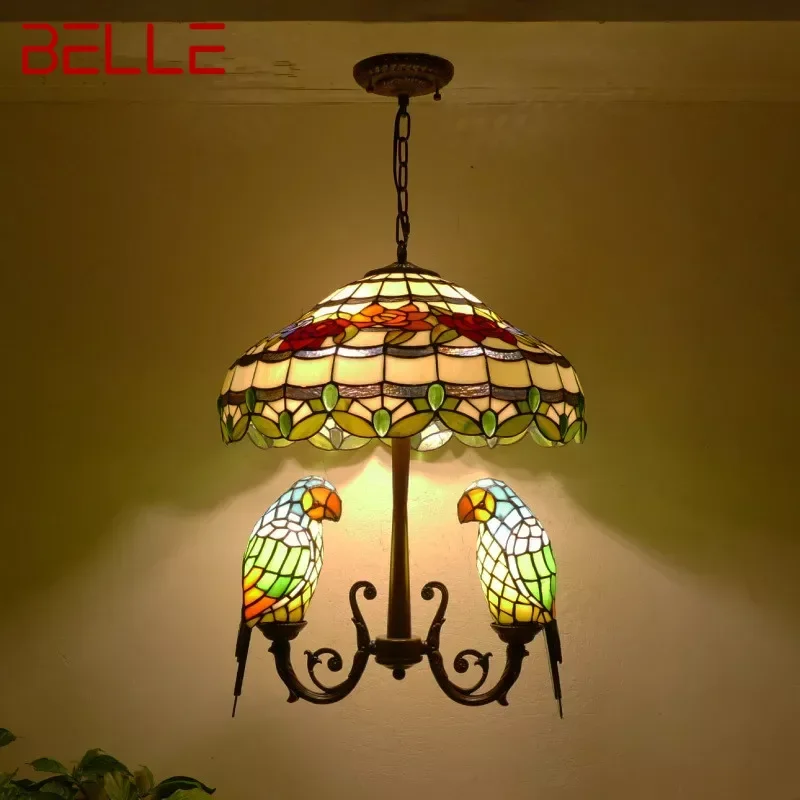 

BELLE Tiffany Parrot Chandelier Vintage Creative Color Glass Living Room restaurant Bedroom Hotel Corridor Pendant Lamp