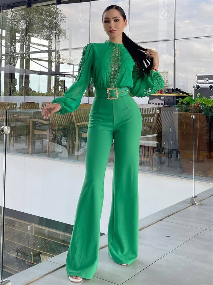 Wmstar Jumpsuit Women Wholesale Elegant and Distinctive Lace Patchwork Lace Up Hollow Out Wide Leg Romper Office Lady with Belt