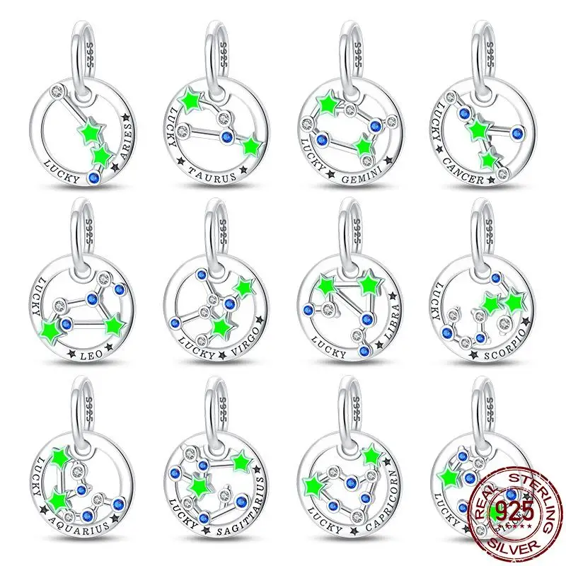 

100% Real S925 Sterling Silver twelve constellations Charms Fit Original Pandora Bracelet For Women Birthday Fine Jewelry Gift
