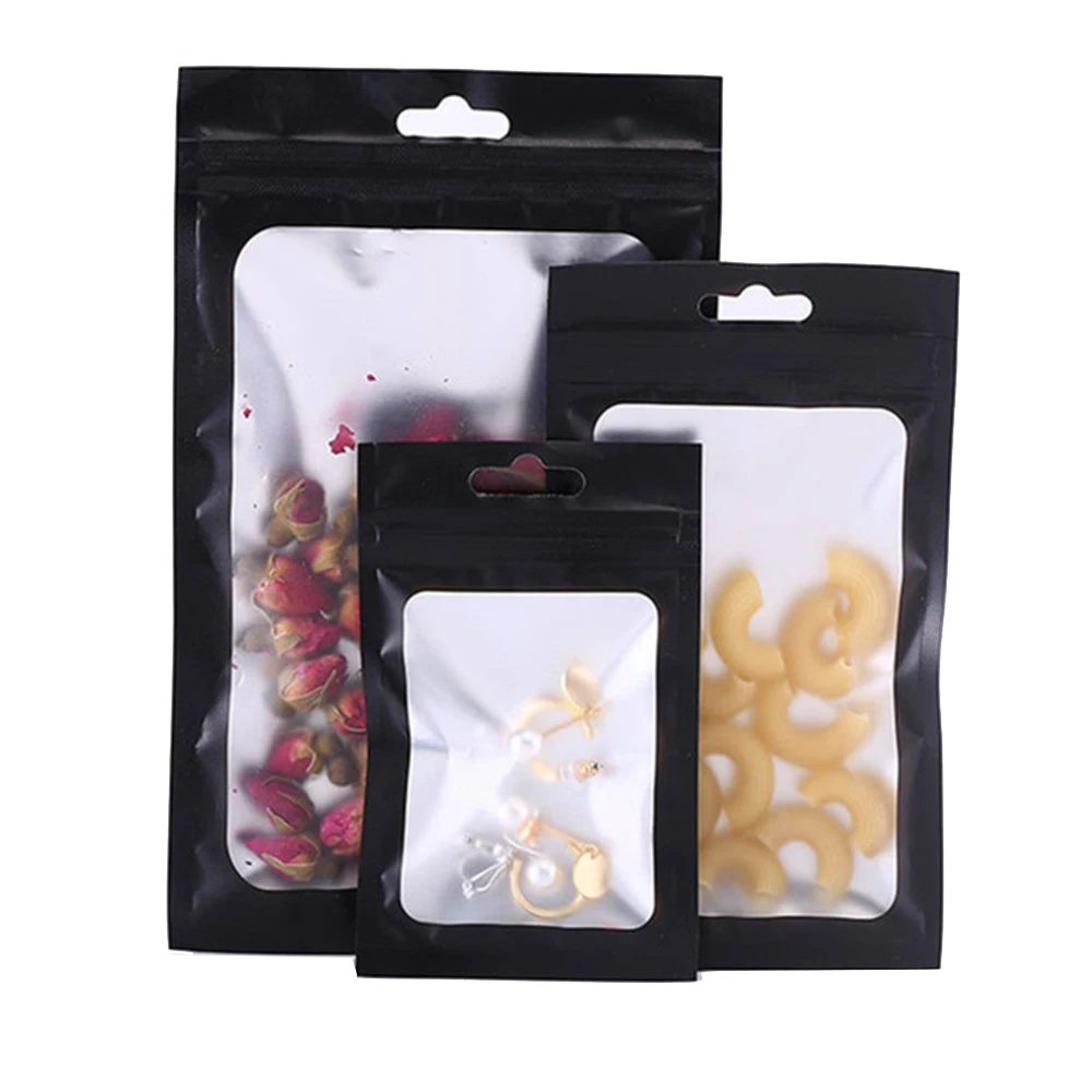 

100Pcs Matte Black Zip Lock Plastic Mylar Foil Bag with Hang Hole Tear Notch Reusable Flat Self Seal Pouches for Food Snack Tea