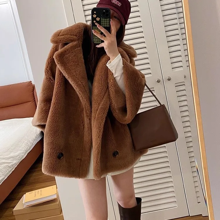 

2024 | Teddy Bear | All Wool Coat Short Lamb Wool Suit Collar Winter Sheep Fleece Coat Women's Young Fur