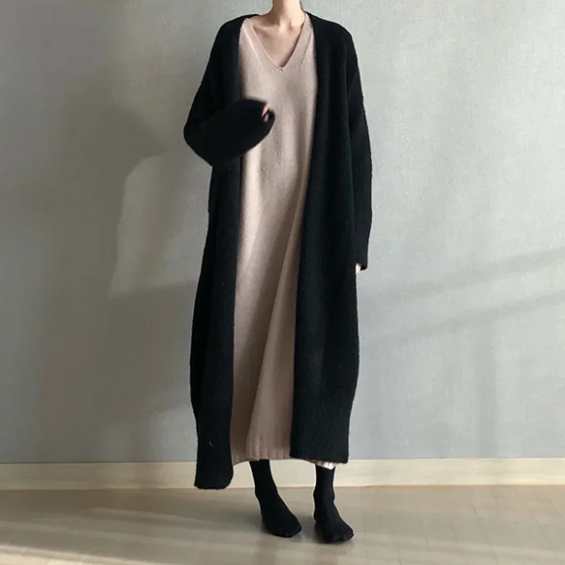 여성용 우아한 롱 가디건, 그레이 블랙, 느슨한 골지 니트, 오버사이즈 스웨터, 패션 코트, 2023 가을 겨울, 신상