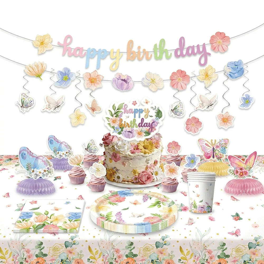 Aquarell Blumen- und Schmetterlings-Party-Zubehör Pappteller Becher Servietten Tischdecke Happy Birthday Banner Braut- und Babyparty-Dekoration
