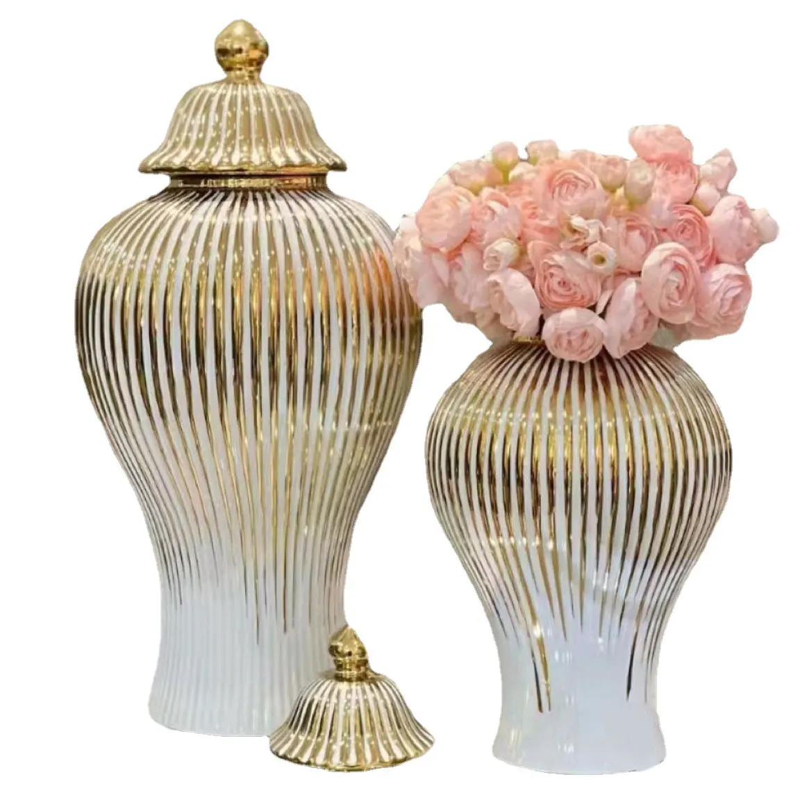 Ceramic Vase Golden Stripes Decorative Ginger Jar Storage Bottle