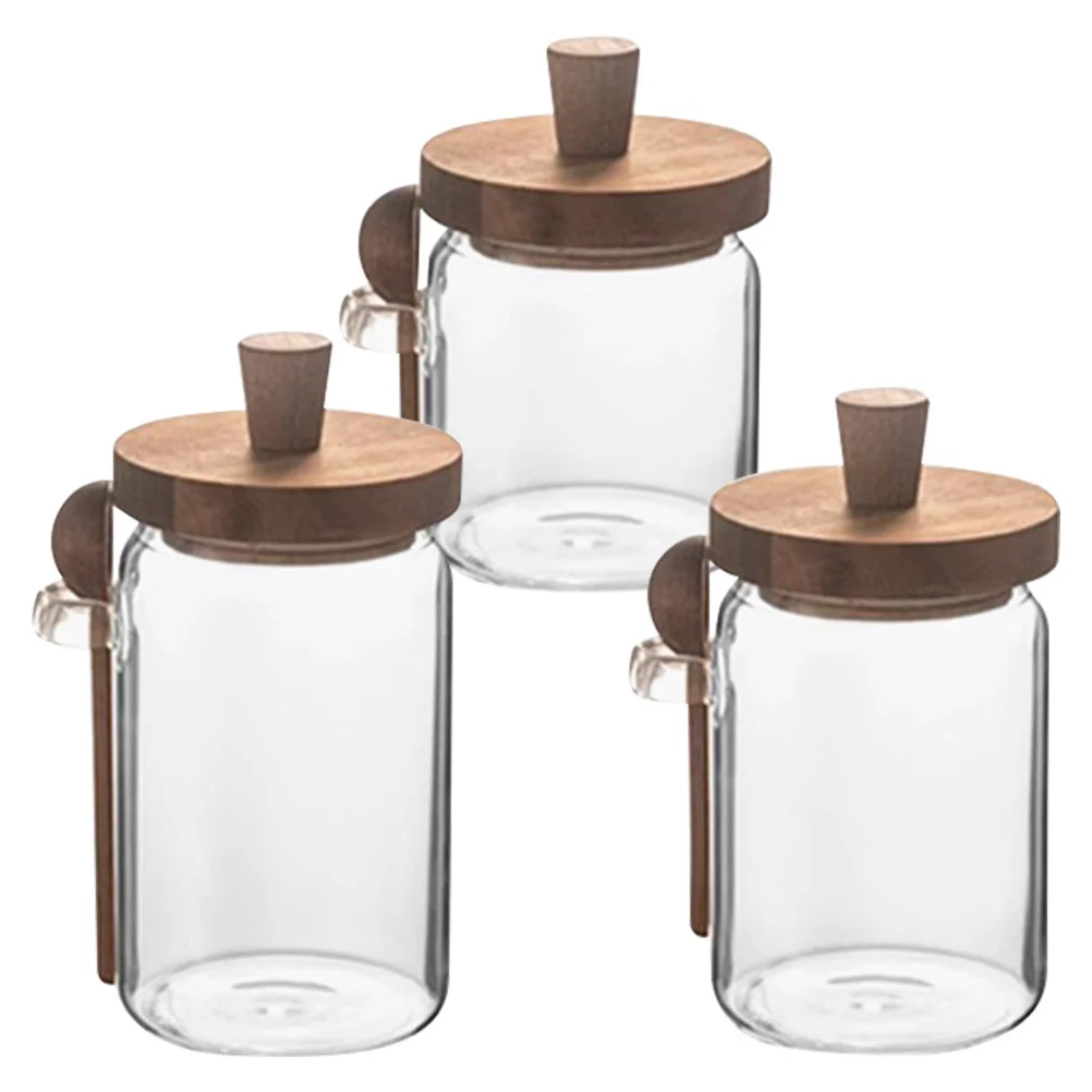 

3 Sets Glass Spice Jar Salt Storage Holder High Borosilicate Wood Kitchen Supplies Condiments Bottle Containers Seasoning
