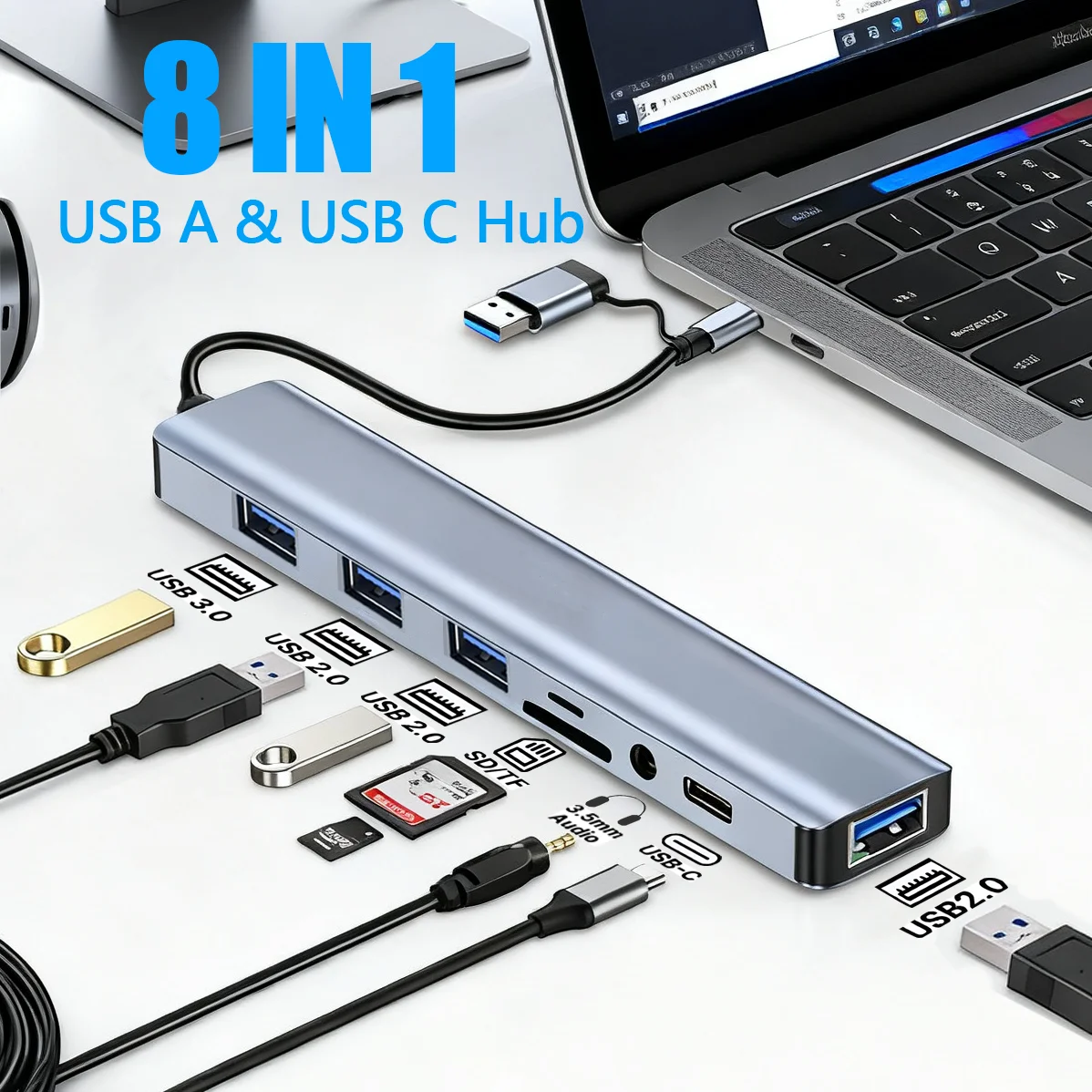 8-in-1 USB-C Hub with HDMI, SD/TF Card Reader, Audio Jack, and USB 3.0 Ports