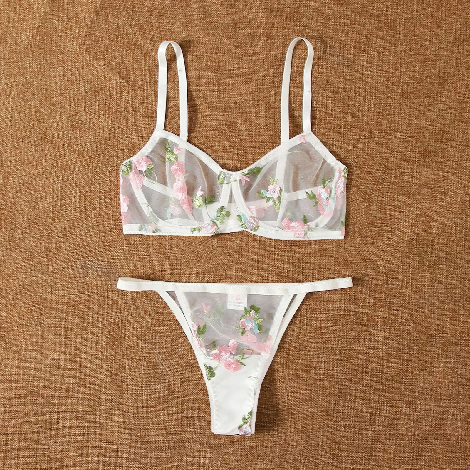 Women Flower Embroidery Lingeries Set Sexy Transparency Mesh Sleepwear 2 Piece Set Sensual Bra + Exotic Panty Underwear Outfits