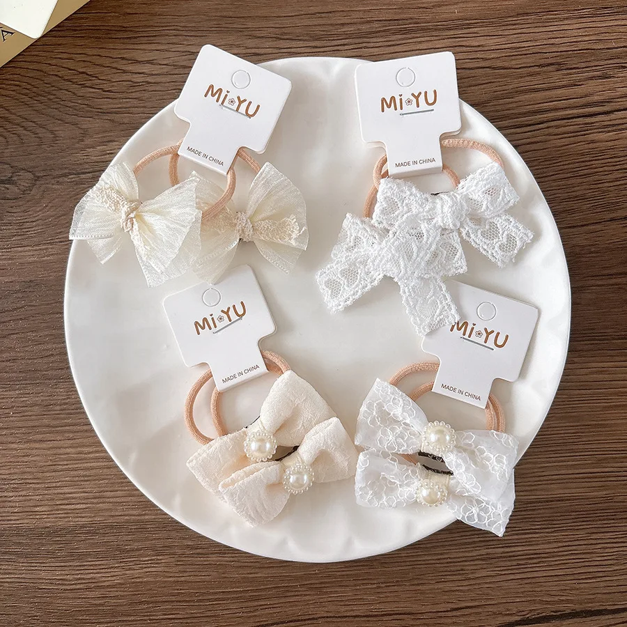 Fermagli per capelli con fiocco in pizzo 2 pezzi Clip a scatto completamente avvolte per ragazze Barrette con frangia fata beige Cravatte per coda di cavallo Accessori per capelli delicati - immagine 5