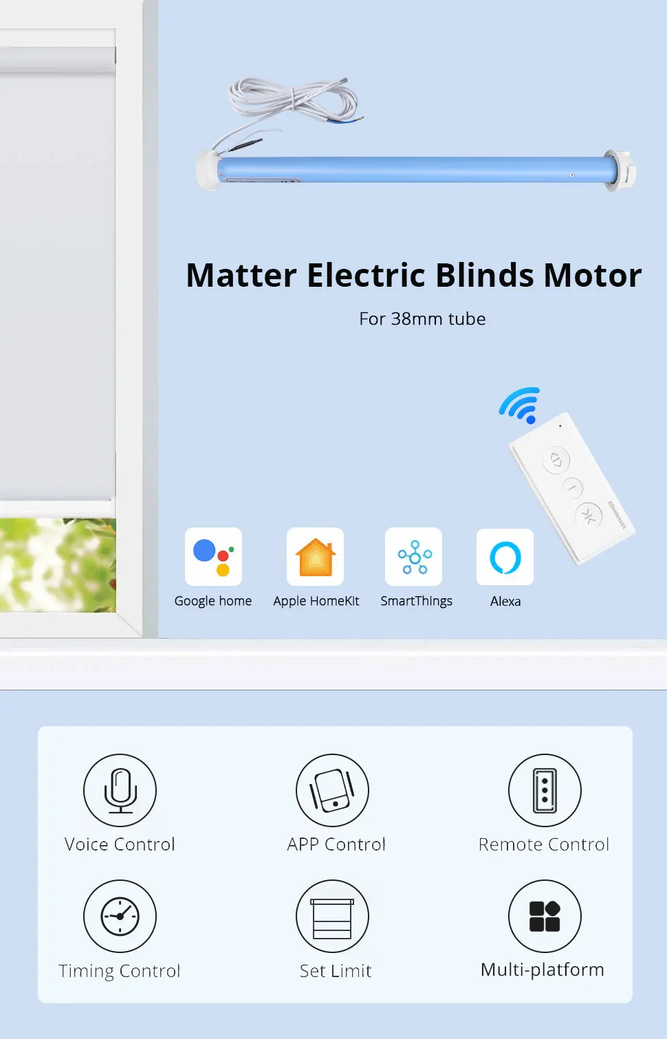 Matter Thread Smart Roller Shade Blinds Motor for 37mm 38mm Tube Support Homekit