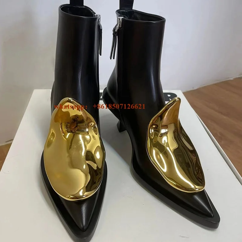 

New Fashionable Metal Decorated Pointed Toe Kitten Heel Mid-Calf Nude Boots Versatile Retro Fashion Boots For Women