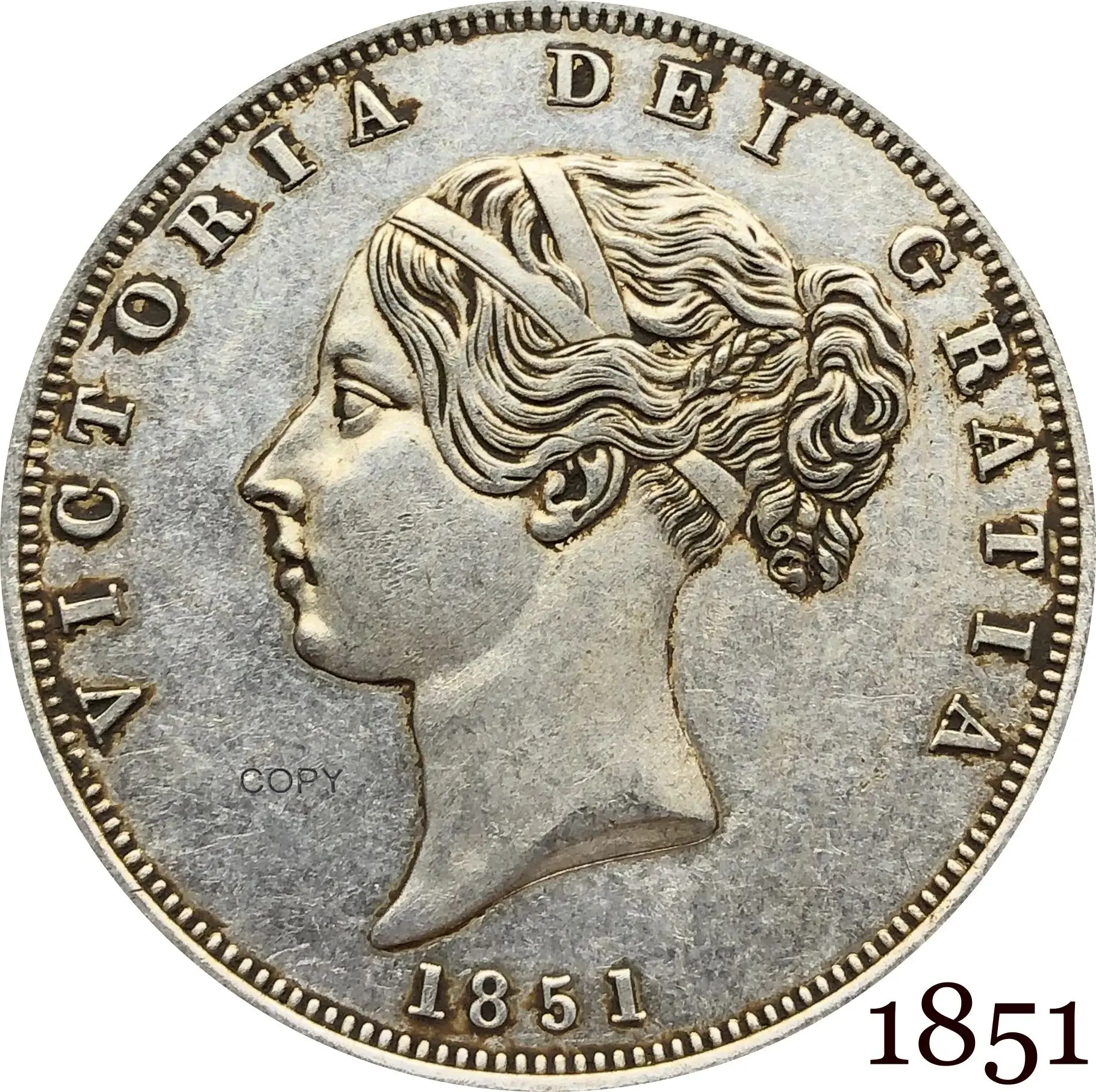 

Большая Великобритания Виктория 1851 1/2 половина короны молодая голова Посеребренная КОПИЯ монета коллекционные монеты