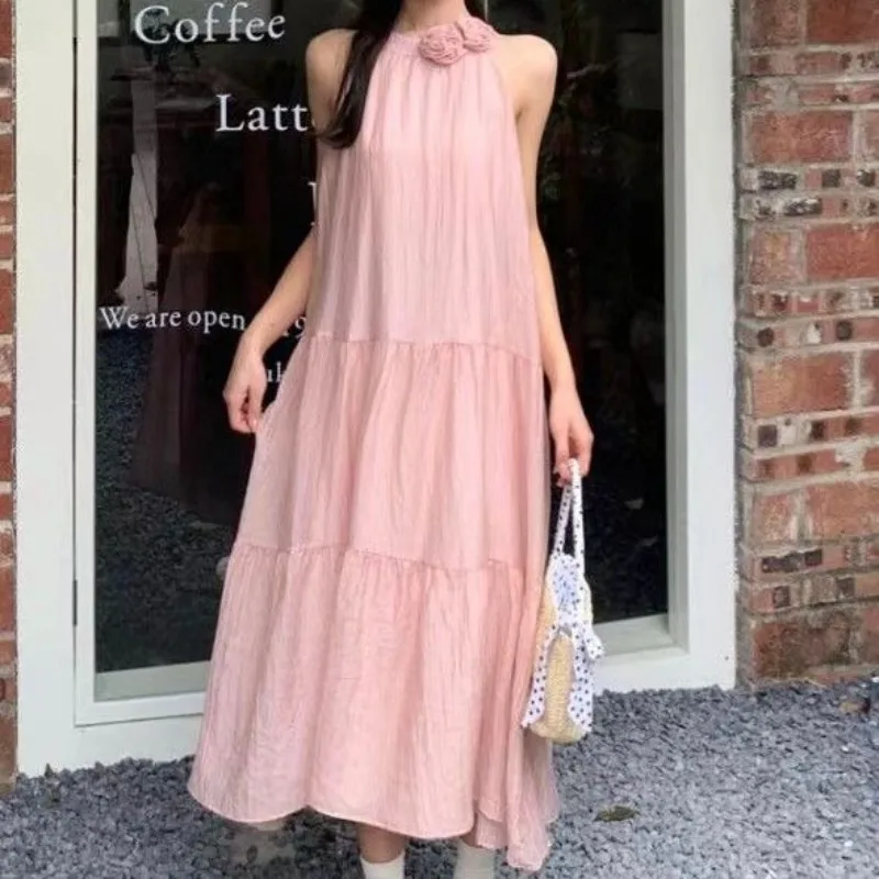 

Summer 2024 Flower Halter Dress Female A Line Beach Long Pink Blue Women Dresses Casual Holiday Vocation Beige Simple Dress