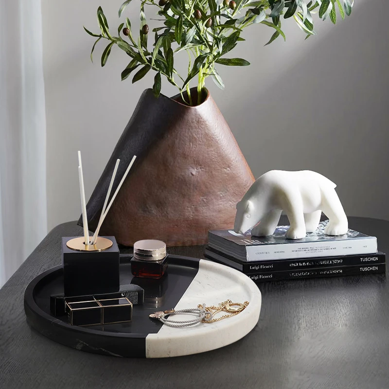 

Natural marble black and white splicing circular tray jewelry bathroom storage display plate hotel home decoration