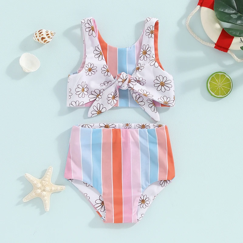 Kids Girl Two Piece Swimsuits Summer Striped/Floral Print Knotted Tankini and Elastic Shorts Set Bikini Bathing Suits