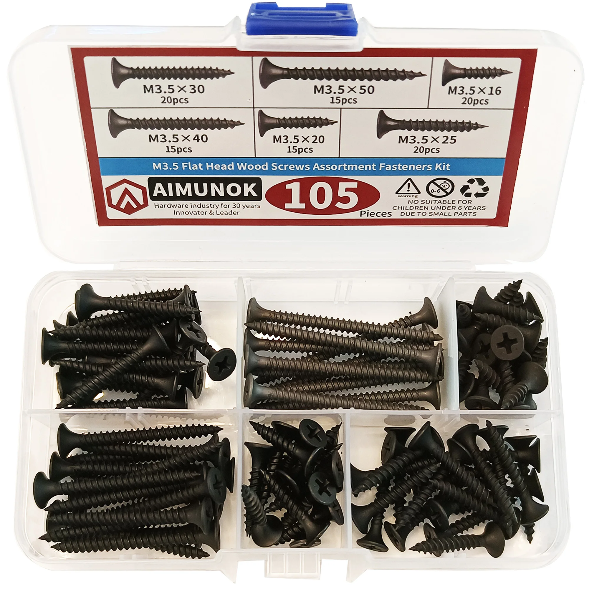 

105pcs Flat Head Wood Screws Assortment Kit, M3.5 x 16/20/25/30/40/50mm Phillips Drive Countersunk Head Self-Tapping Screws