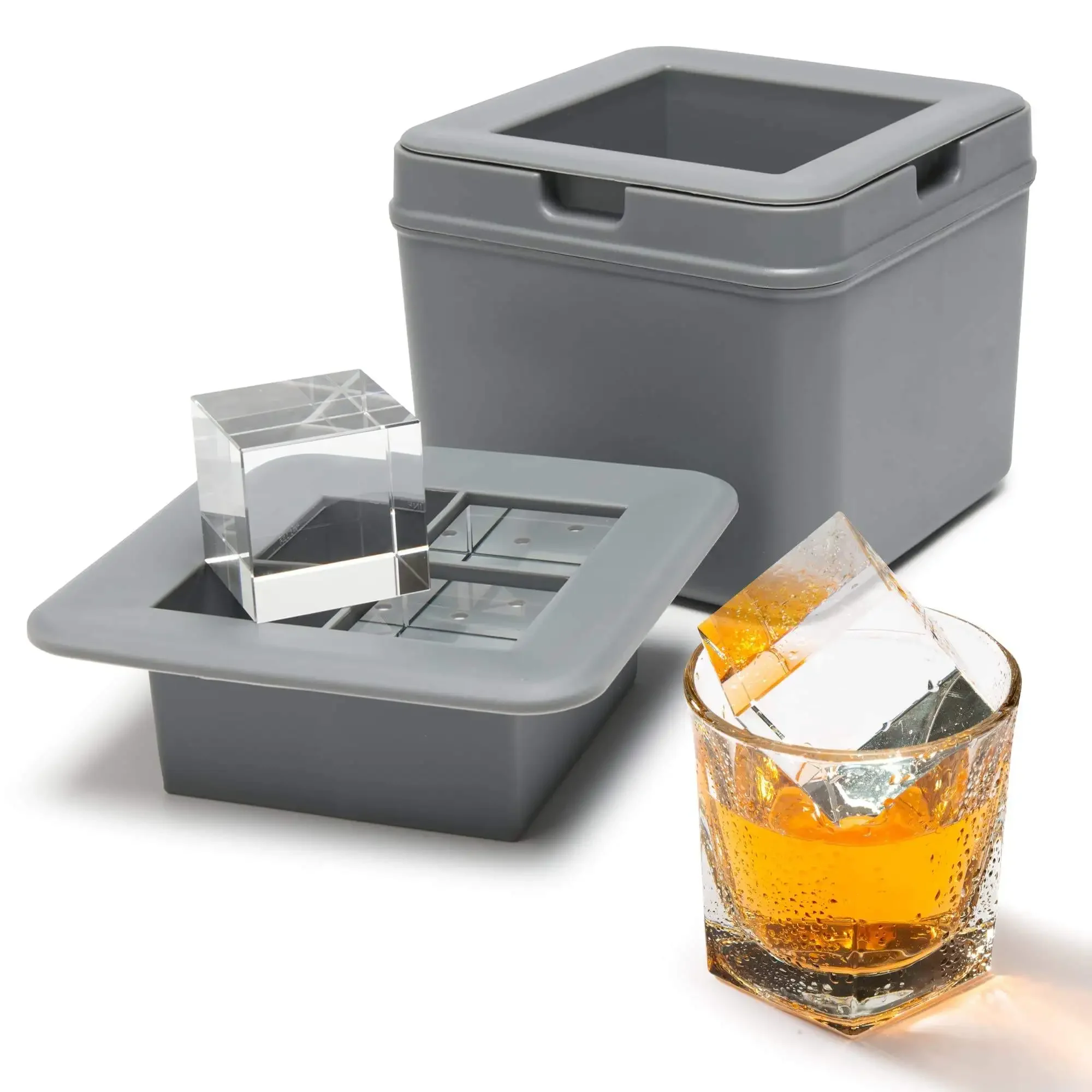 Whiskey Wine Coolers 4 Large Square Crystal Clear Ice Cube Maker Easy Release BPA Free Silicone Cocktails Drinks