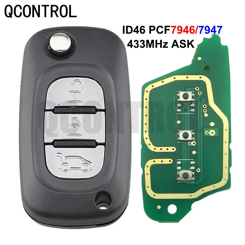 QCONTROL Car Door Lock Remote Key Fit for Renault Clio Scenic Kangoo Megane 433MHz with PCF7946 / PCF799 47 Chip