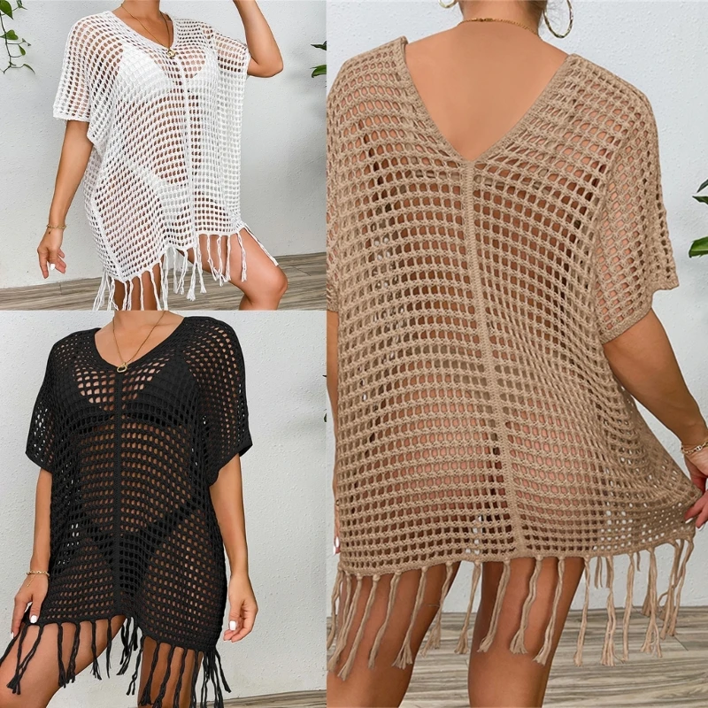 

2024 New Womens Sexy Swimsuit Cover Hollow-Out Crochet Coverups Deep V-neck Bathing Suit Sunscreens Shirt Pullover Bikinis Dress