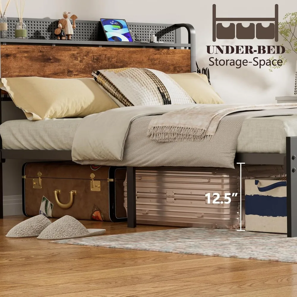 Bed Frame with Charging Station and LED Lights,Industrial Platform Beds Queen Size with Storage Headboard, Bed Frames 3