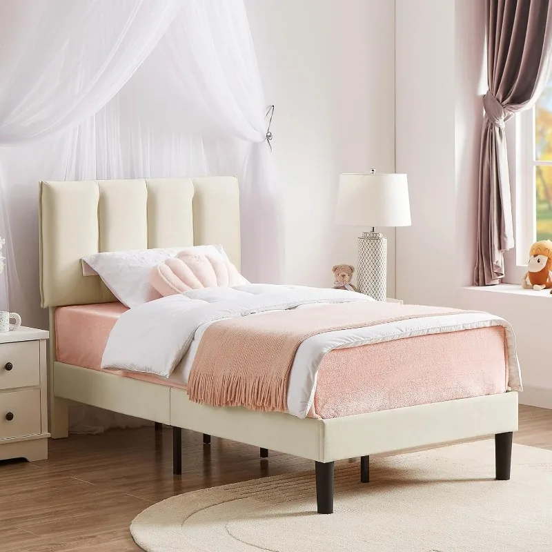 

Twin Size Platform Bed Frame With Adjustable Velvet Upholstered Headboard,Mattress Foundation, No Box Spring Needed, Noise-Free