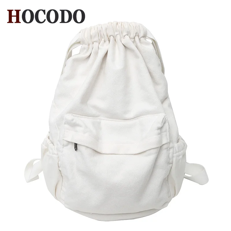 HOCODO Canvas Drawstring College Backpack Fashion Anti-Theft Backpack Solid Color Student Backpack Unisex Vintage Backpack Women 