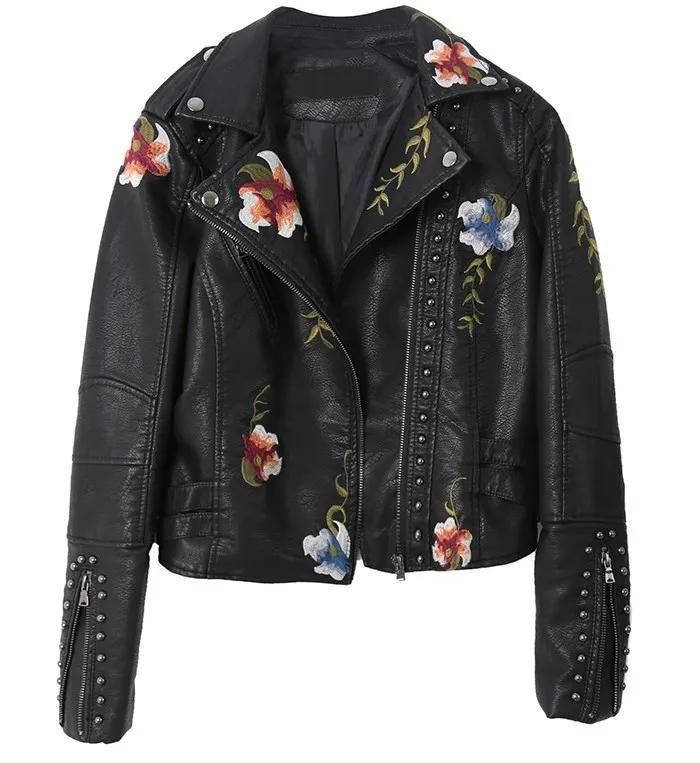 Spring Autumn PU Leather Jacket Women Motorcycle Embroidered Rivet Blazer Outerwear Coats