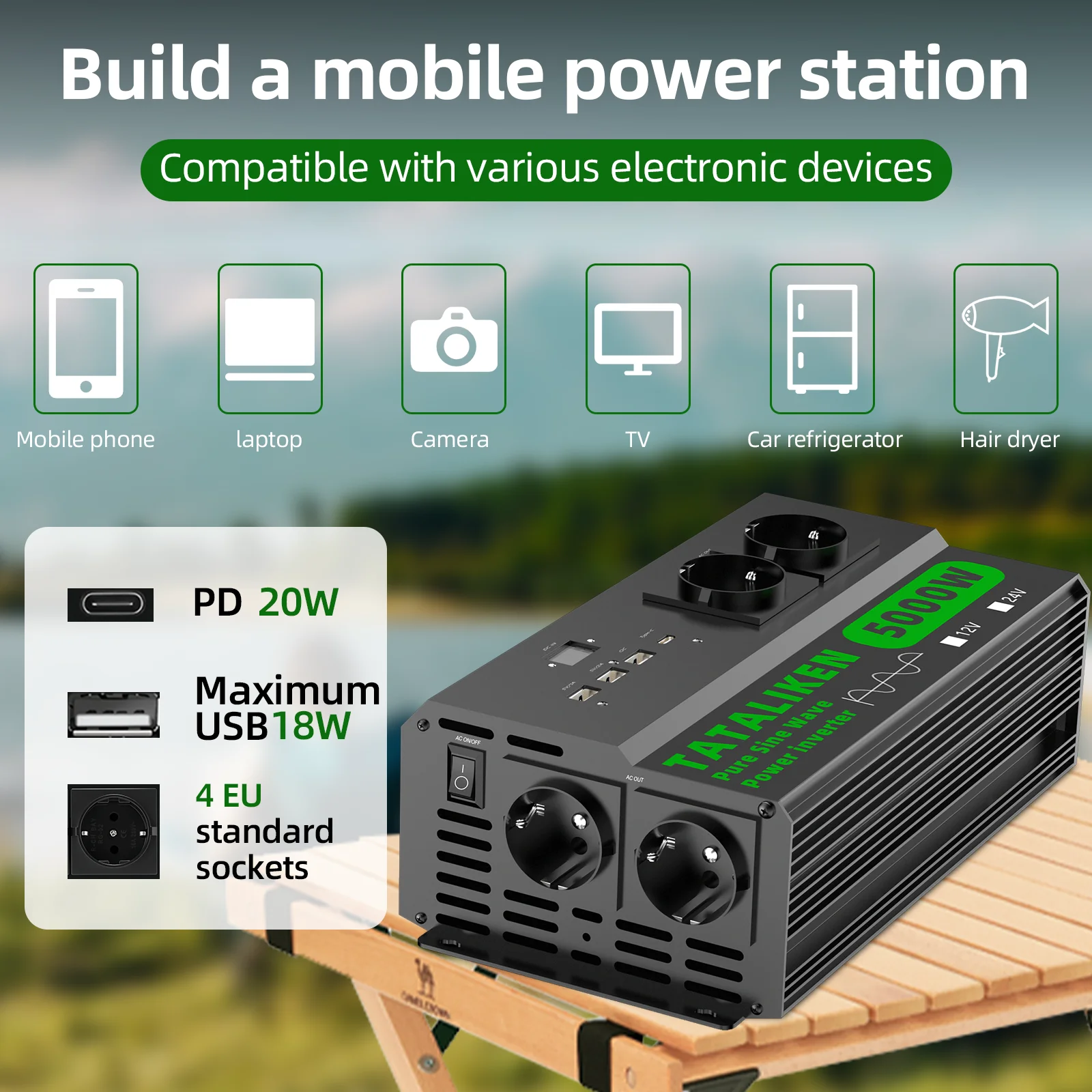 Pro Series 4000 W-6000 W reiner Sinuswellen-Stromrichter 12 V/24 V auf 220 V 50 Hz mit 4 EU-Steckdosen, Display und USB-C – Detail 2