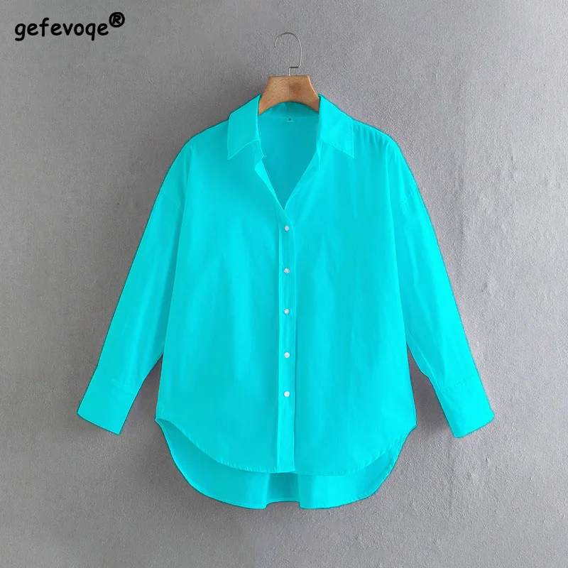 

Office Lady Solid Button Color Turn-down Collar Single Breasted Blouses Women Slim Simple Wild Shirts Hot Selling Clothing 2022