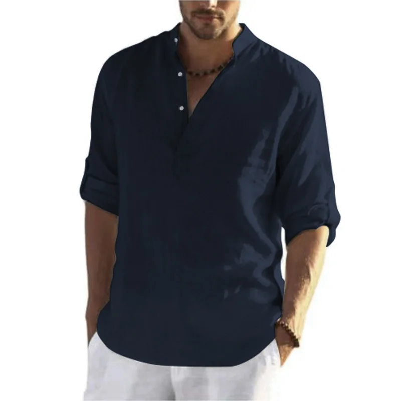 Men's fashion loose shirt men's casual stand collar pure cotton long-sleeved pure color shirt large men's wear chemisiers