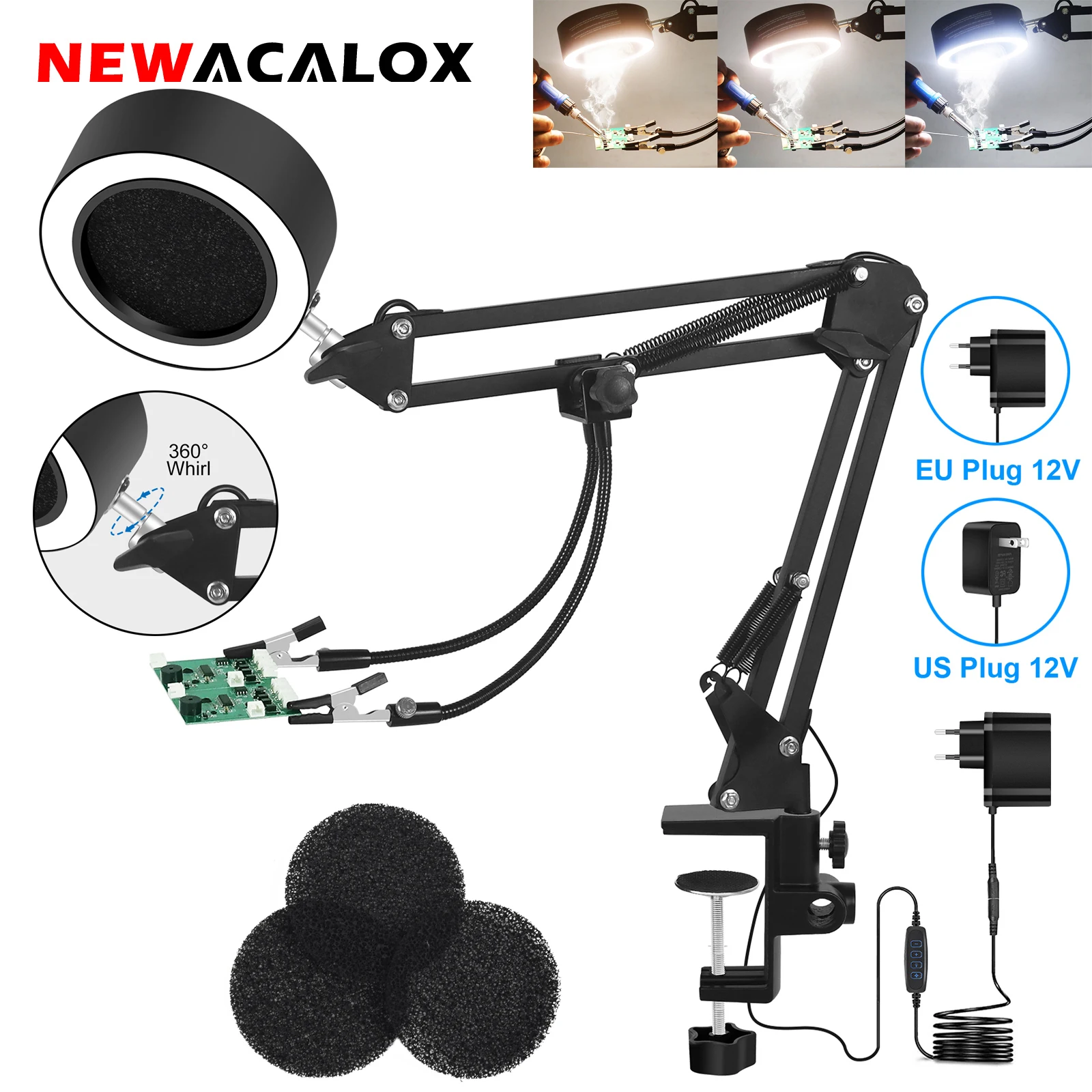 NEWACALOX EU/US 12V Welding Fume Extractor Soldering Exhaust Fan with 3 Colors LED Light 2Pcs Flexible Soldering Third Hand Tool 10cc rma 223 needle shaped pcb pga bga smd with flexible tip syringe solder paste flux grease repair solde 2pcs set