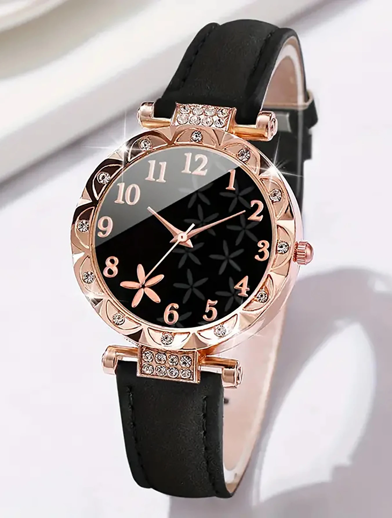6PCS elegant black leaf plant print ladies quartz watch with black feather Love bracelet set selected gift 5