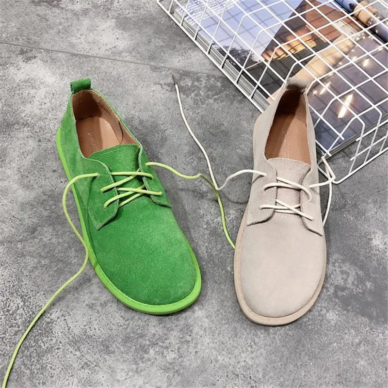 Lace-up Women Casual Shoes Round Head Students Sports Shoes Fashion Spring Abrasive Leather Couple Walking Flats Ladies Sneakers