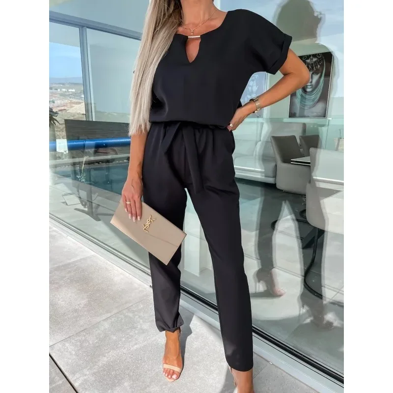 

Women Casual Fashion Short Sleeve V Neck Lace Up Onepieces Birthday Outfits for Women Summer Elegant Straight Jumpsuit Overalls