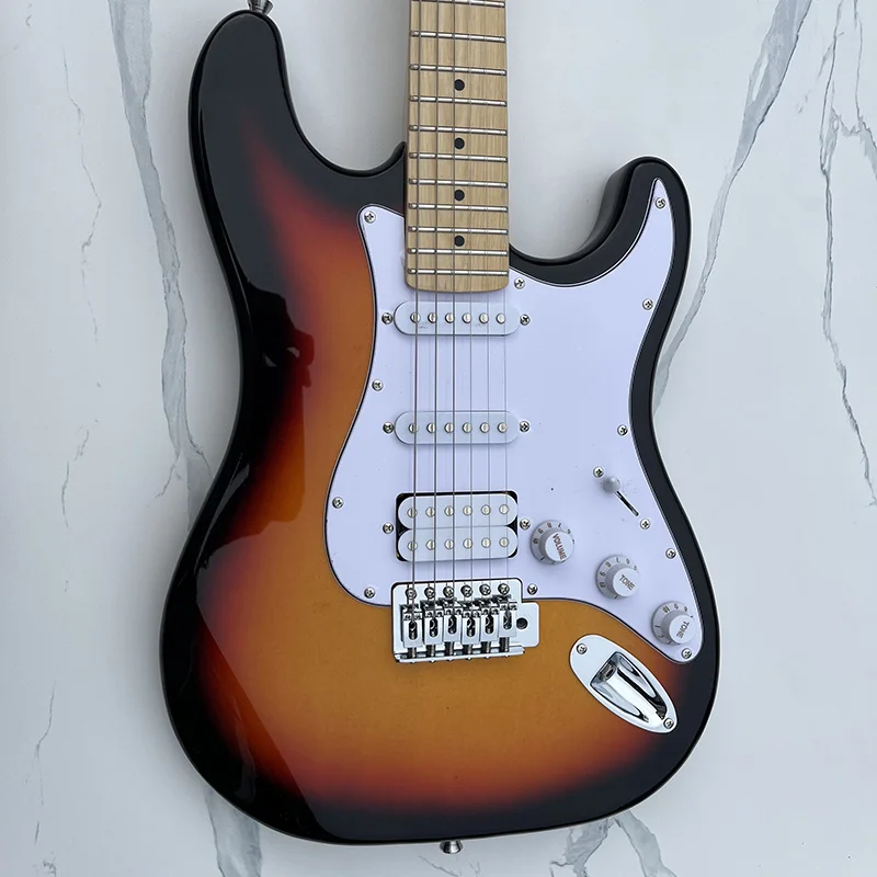 

This is a classic 6-string st electric guitar. It has a bright sunset color body and beautiful timbre. It is mailed home