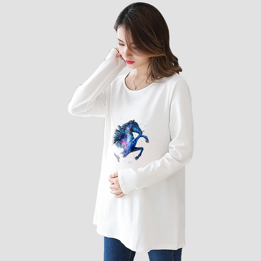 

Pregnant T-Shirt Girl Maternity Pregnancy Flattering Long SleeveShirt Mom Horse Printed Customized Women Add Your Design