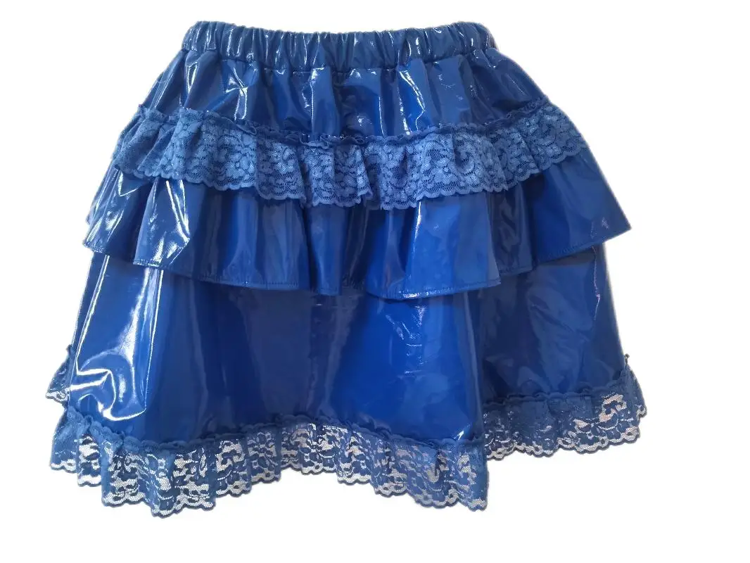 

French Sexy Adult Custom Fetish Cross Dressing Sissy Blue Glossy PVC Multi-layer Pleated Lace Lock Edge Short Skirt