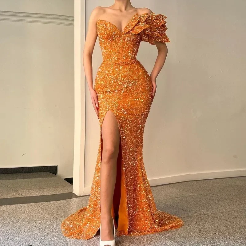 

Fashion One-shoulder Luxury Heavy Design Cocktail Evening Dress Exquisite High Split Sequin Prom Gown Slim Fit Mermaid Vestidos