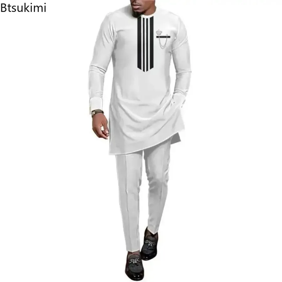 2024 African Traditional Casual Sets for Men Comfortable Cotton Solid Simple Long Sleeve Muslim Fashion Two Pieces Kaftan Outfit